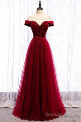 Off The Shoulder Burgundy Formal Long Prom Dress A Line Velvet Evening Dress