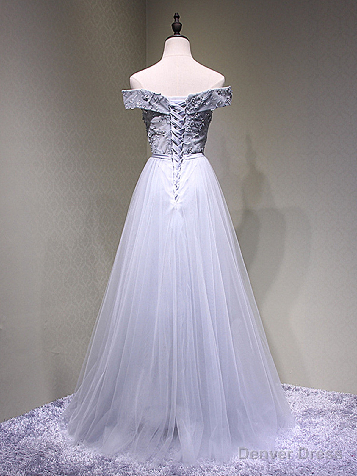 Off the Shoulder Burgundy Gray Lace Prom Dress, Wine Red Grey Lace Prom Dresses Secondary image