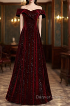 Off The Shoulder Burgundy Long Prom Dresses, Burgundy Off Shoulder Long Formal Evening Dresses
