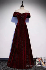Off The Shoulder Burgundy Long Prom Dresses, Burgundy Off Shoulder Long Formal Evening Dresses