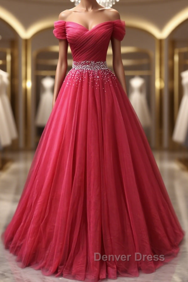 Off the Shoulder Burgundy Prom Dress with Beaded Belt, Wine Red Long Prom Dresses Main image