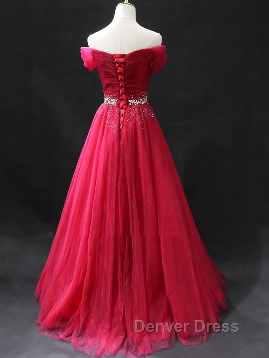 Off the Shoulder Burgundy Prom Dress with Beaded Belt, Wine Red Long Prom Dresses Secondary image