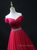 Off the Shoulder Burgundy Prom Dress with Beaded Belt, Wine Red Long Prom Dresses