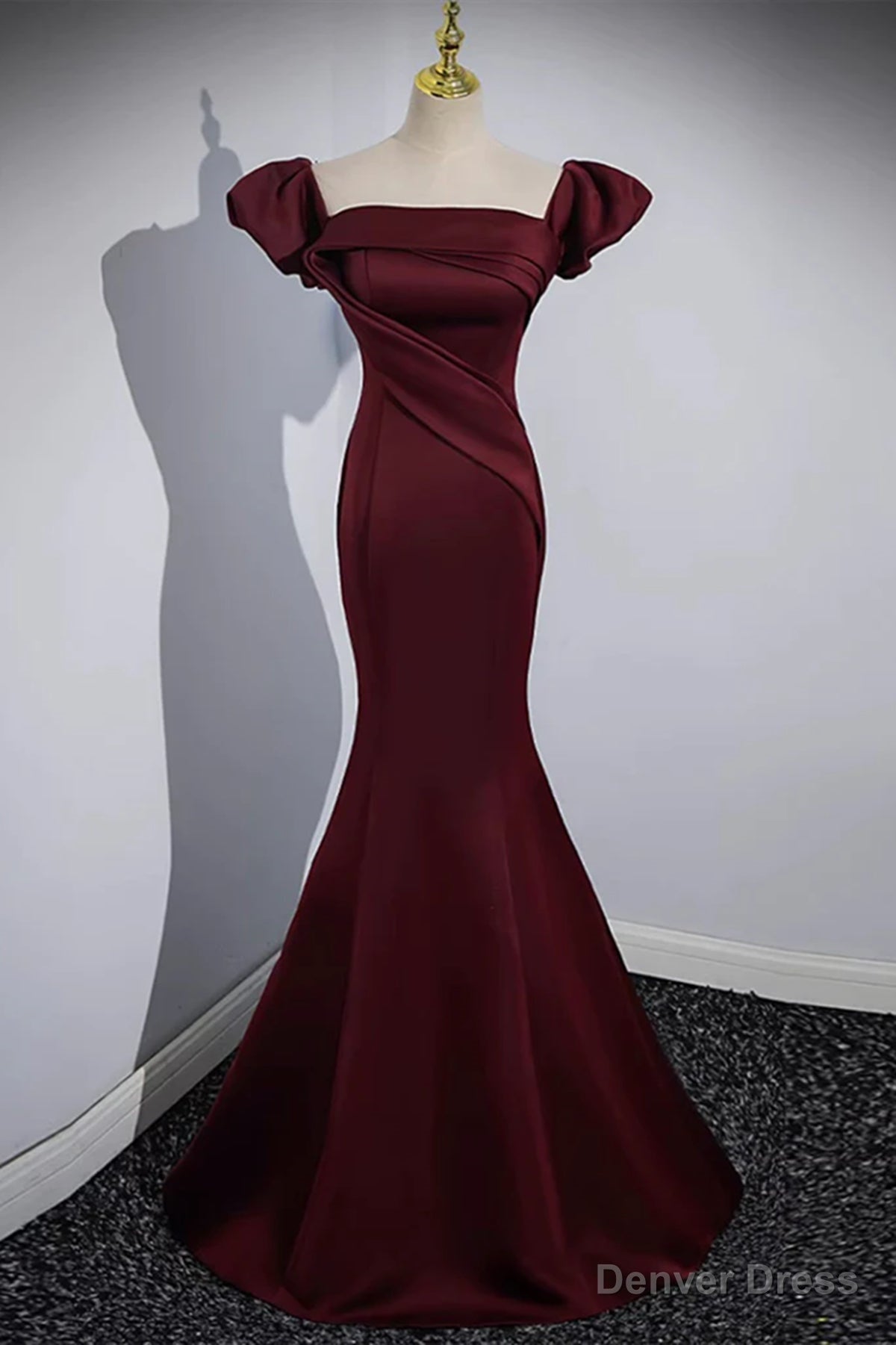 Off the Shoulder Burgundy Satin Long Prom Dress, Wine Red Mermaid Prom Dresses