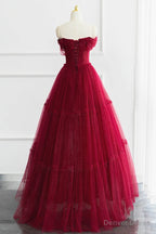 Off the Shoulder Burgundy Tulle Long Prom Dress, Wine Red Long Tulle Prom Dresses