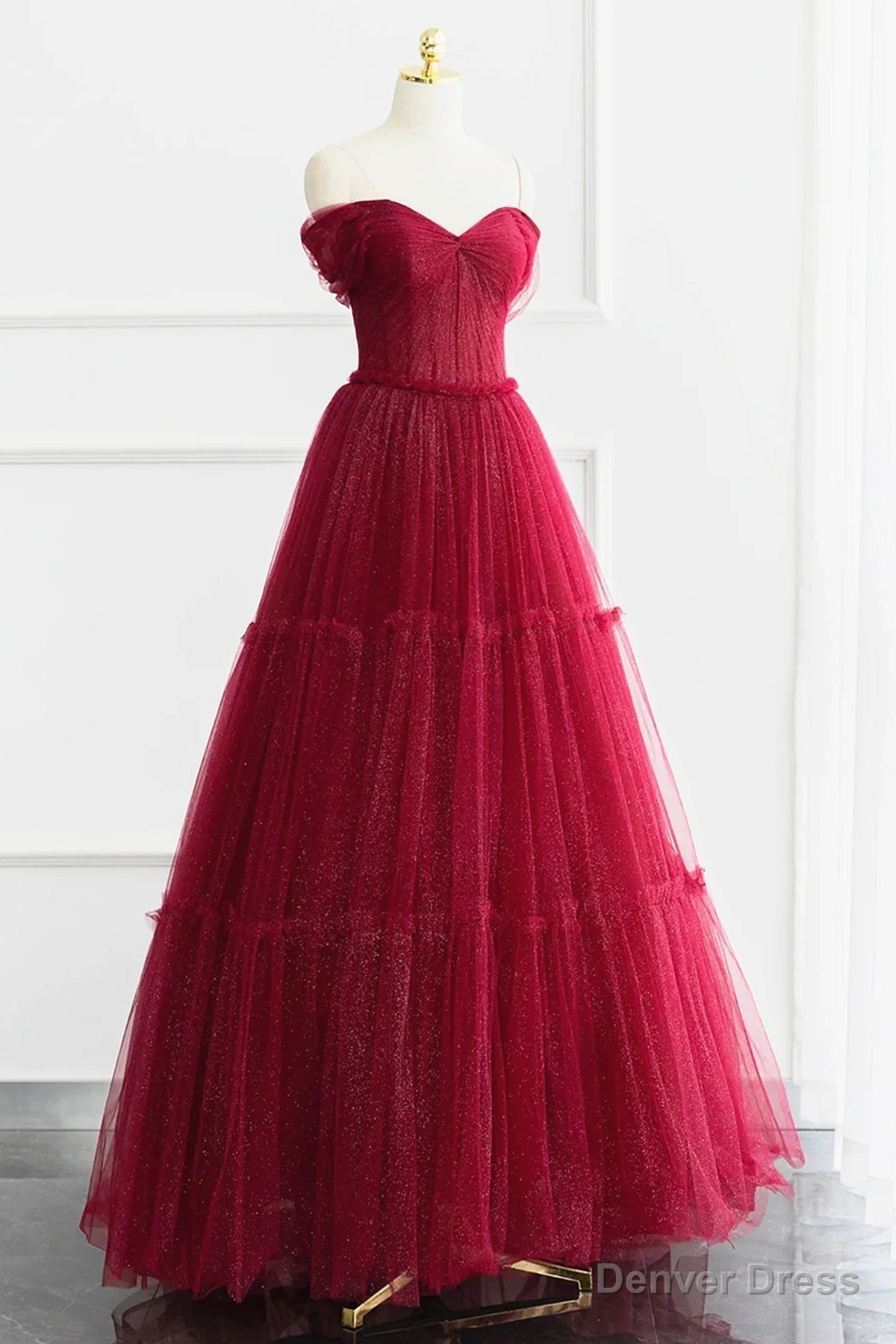 Off the Shoulder Burgundy Tulle Long Prom Dresses, Wine Red Long Tulle Formal Evening Dresses Main image