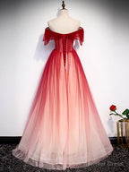 Off the Shoulder Burgundy Tulle Prom Dress, Burgundy Tulle Prom Graduation Dresses