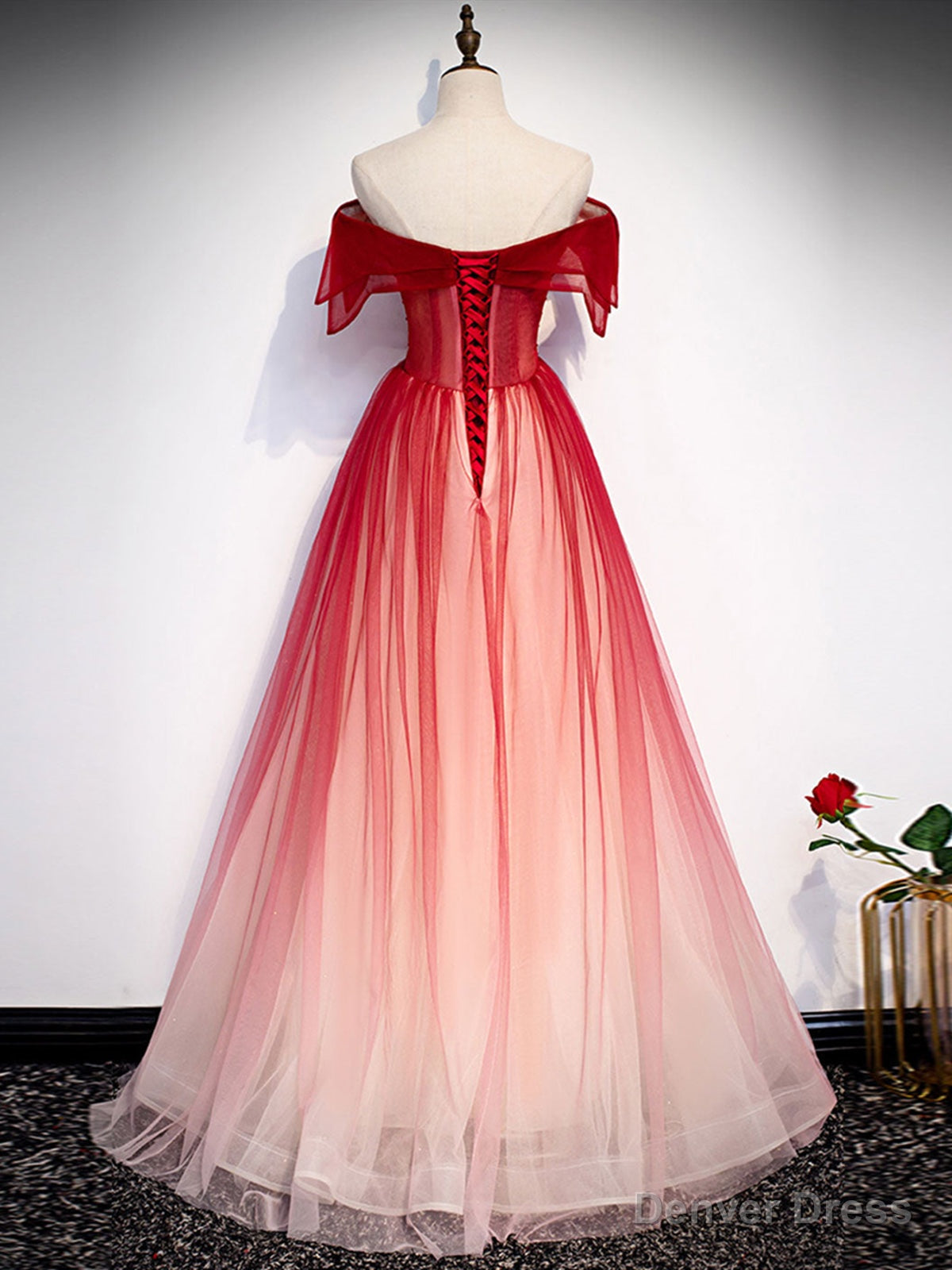 Off the Shoulder Burgundy Tulle Prom Dress, Burgundy Tulle Prom Graduation Dresses