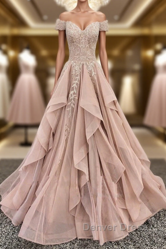 Off the Shoulder Champagne Lace Prom Dress, Off Shoulder Champagne Lace Prom Dresses
