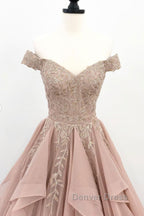 Off the Shoulder Champagne Lace Prom Dress, Off Shoulder Champagne Lace Prom Dresses