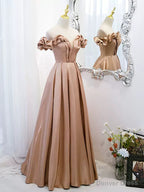 Off the Shoulder Champagne Satin Prom Dress, Champagne Long Prom Dresses