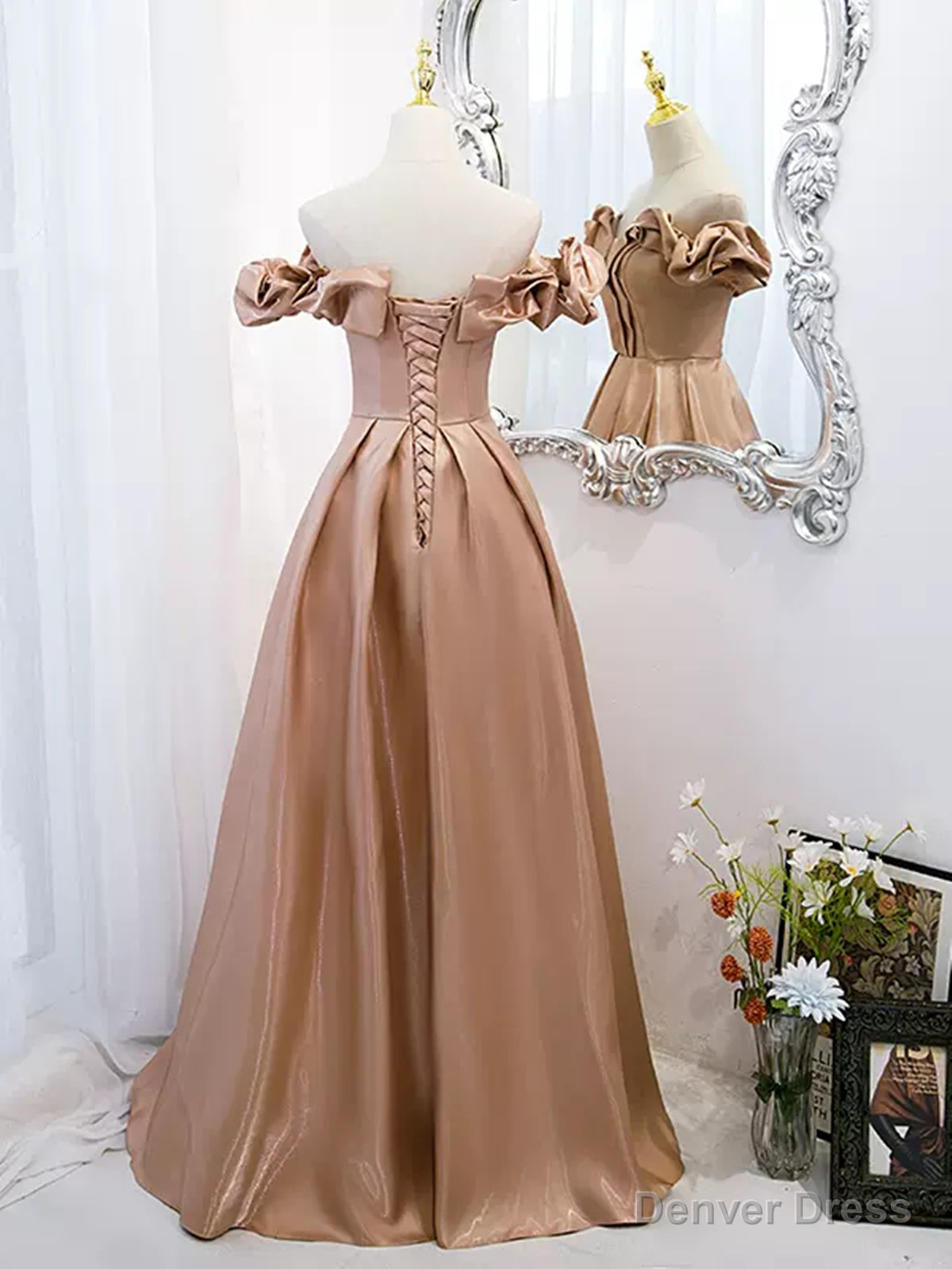 Off the Shoulder Champagne Satin Prom Dress, Champagne Long Prom Dresses