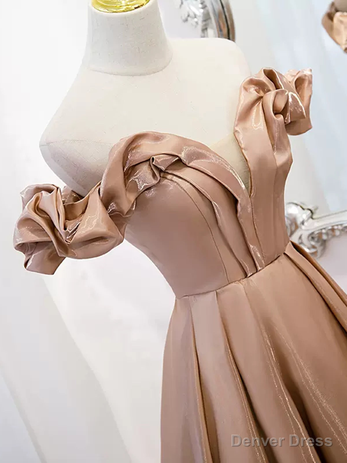 Off the Shoulder Champagne Satin Prom Dress, Champagne Long Prom Dresses