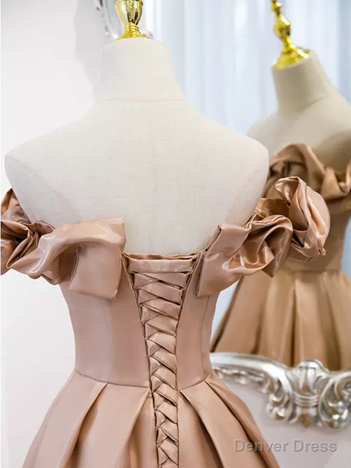 Off the Shoulder Champagne Satin Prom Dress, Champagne Long Prom Dresses