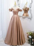 Off the Shoulder Champagne Satin Prom Dress, Champagne Long Prom Dresses