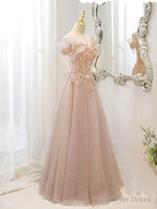 Off the Shoulder Champagne Tulle Lace Prom Dress, Off Shoulder Champagne Lace Prom Dresses