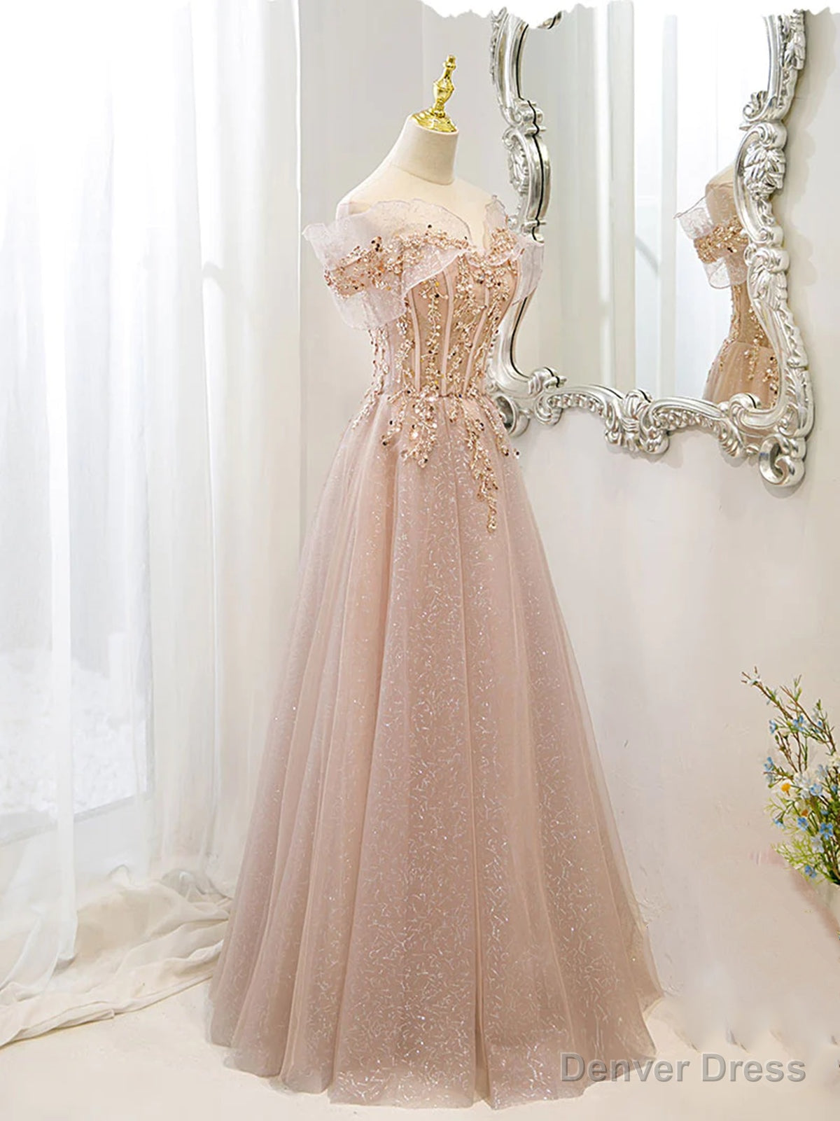 Off the Shoulder Champagne Tulle Lace Prom Dress, Off Shoulder Champagne Lace Prom Dresses