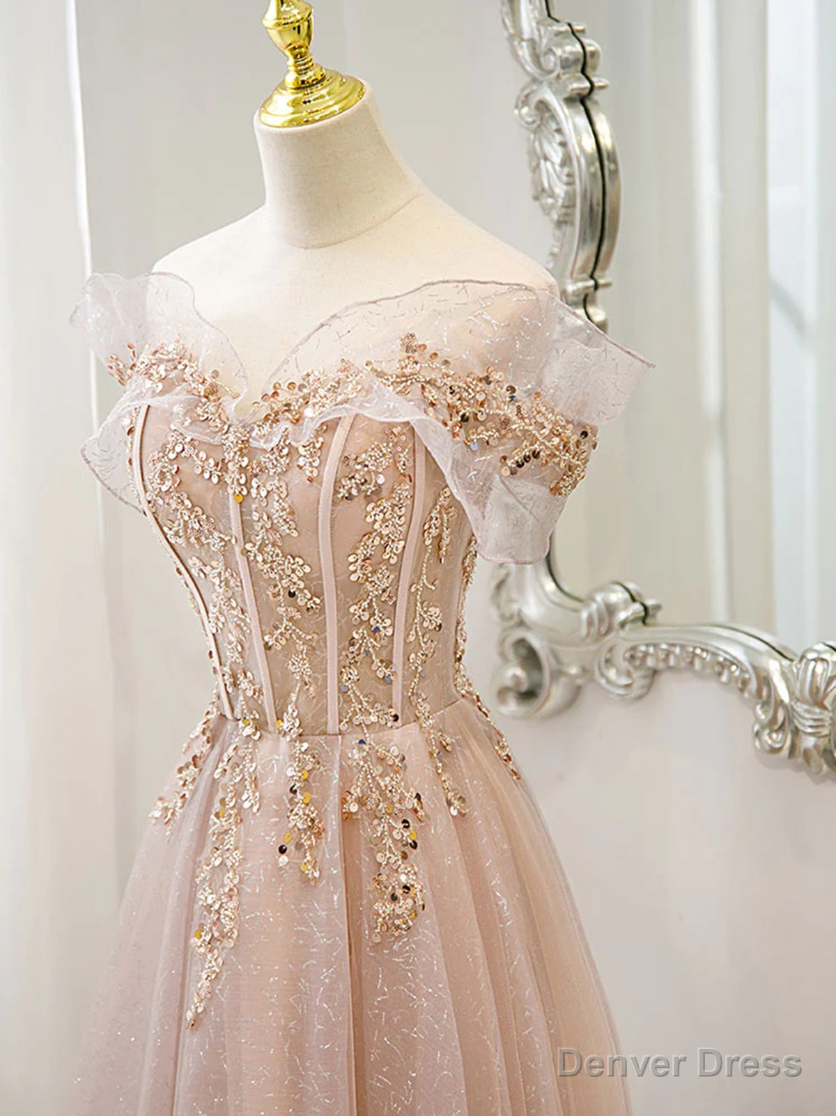 Off the Shoulder Champagne Tulle Lace Prom Dress, Off Shoulder Champagne Lace Prom Dresses