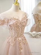 Off the Shoulder Champagne Tulle Lace Prom Dress, Off Shoulder Champagne Lace Prom Dresses