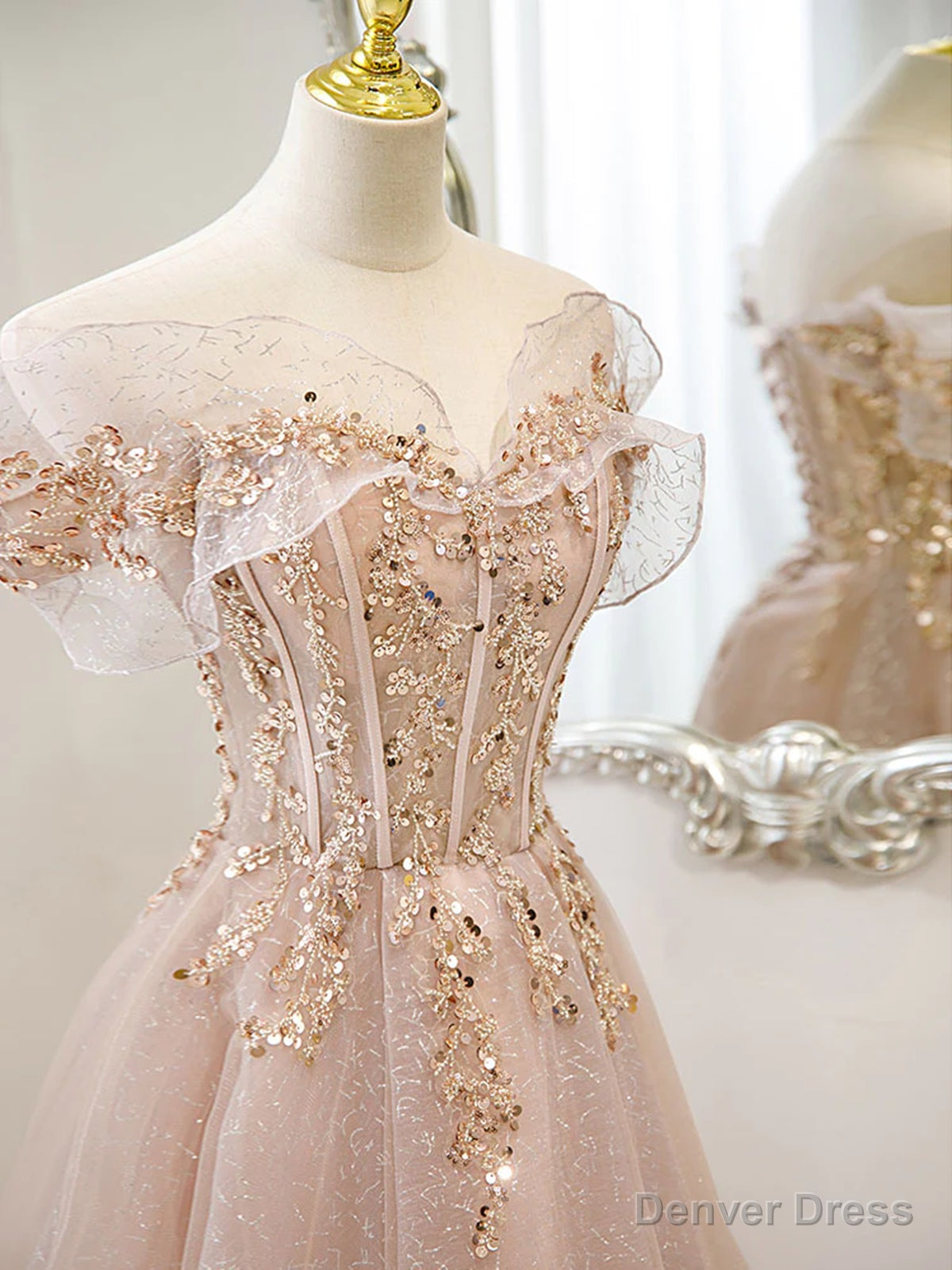 Off the Shoulder Champagne Tulle Lace Prom Dress, Off Shoulder Champagne Lace Prom Dresses