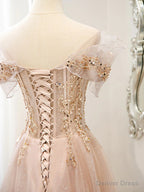 Off the Shoulder Champagne Tulle Lace Prom Dress, Off Shoulder Champagne Lace Prom Dresses