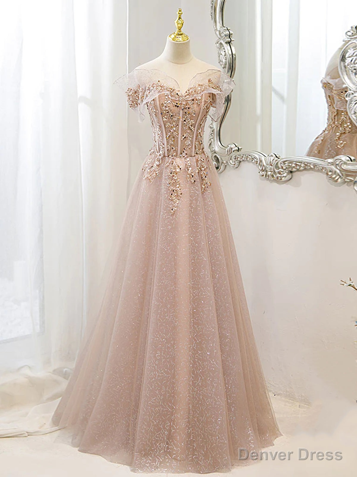 Off the Shoulder Champagne Tulle Lace Prom Dress, Off Shoulder Champagne Lace Formal Dress Main image