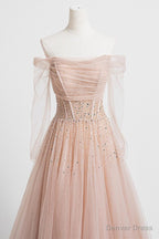 Off the Shoulder Champagne Tulle Long Prom Dress, Champagne Beaded Tulle Prom Dresses