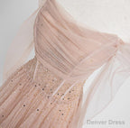Off the Shoulder Champagne Tulle Long Prom Dress, Champagne Beaded Tulle Prom Dresses