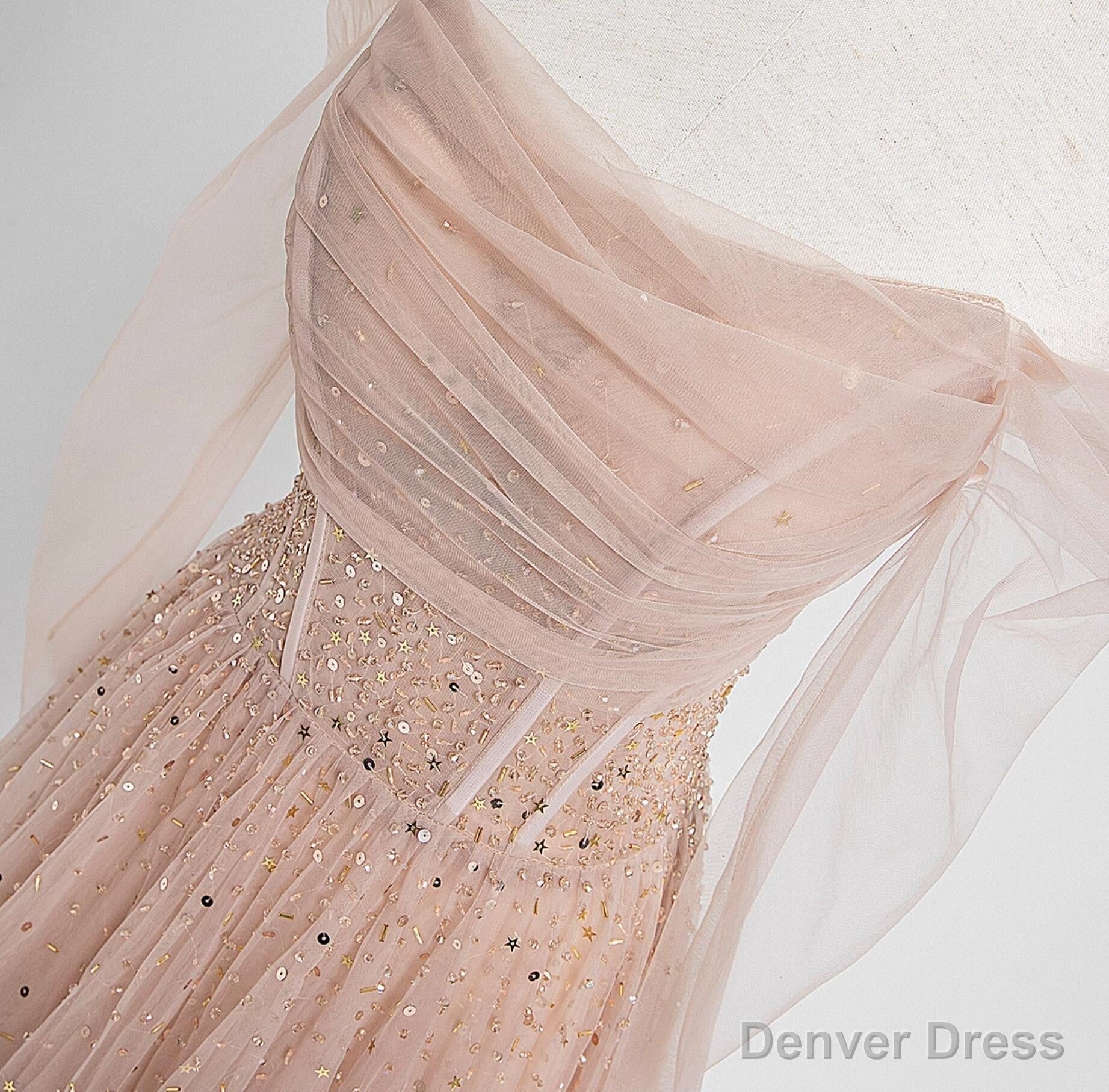 Off the Shoulder Champagne Tulle Long Prom Dress, Champagne Beaded Tulle Prom Dresses
