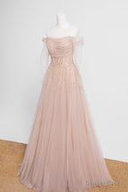 Off the Shoulder Champagne Tulle Long Prom Dress, Champagne Beaded Tulle Prom Dresses