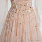 Off the Shoulder Champagne Tulle Long Prom Dress, Champagne Beaded Tulle Prom Dresses
