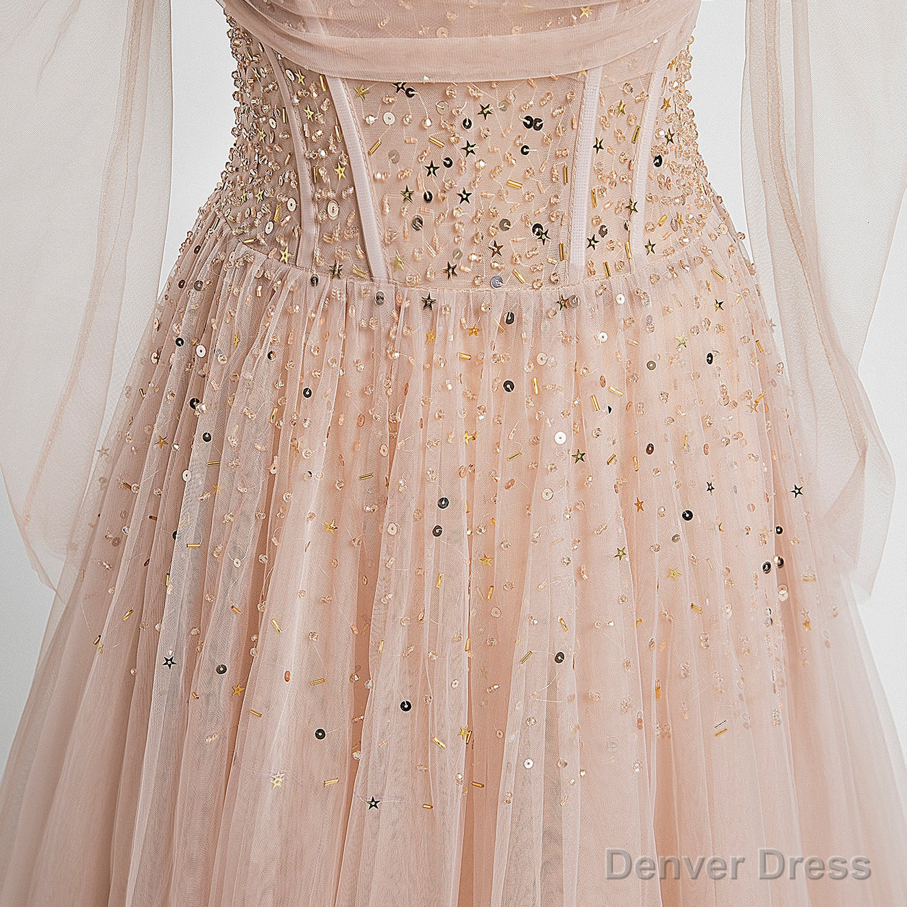 Off the Shoulder Champagne Tulle Long Prom Dress, Champagne Beaded Tulle Prom Dresses