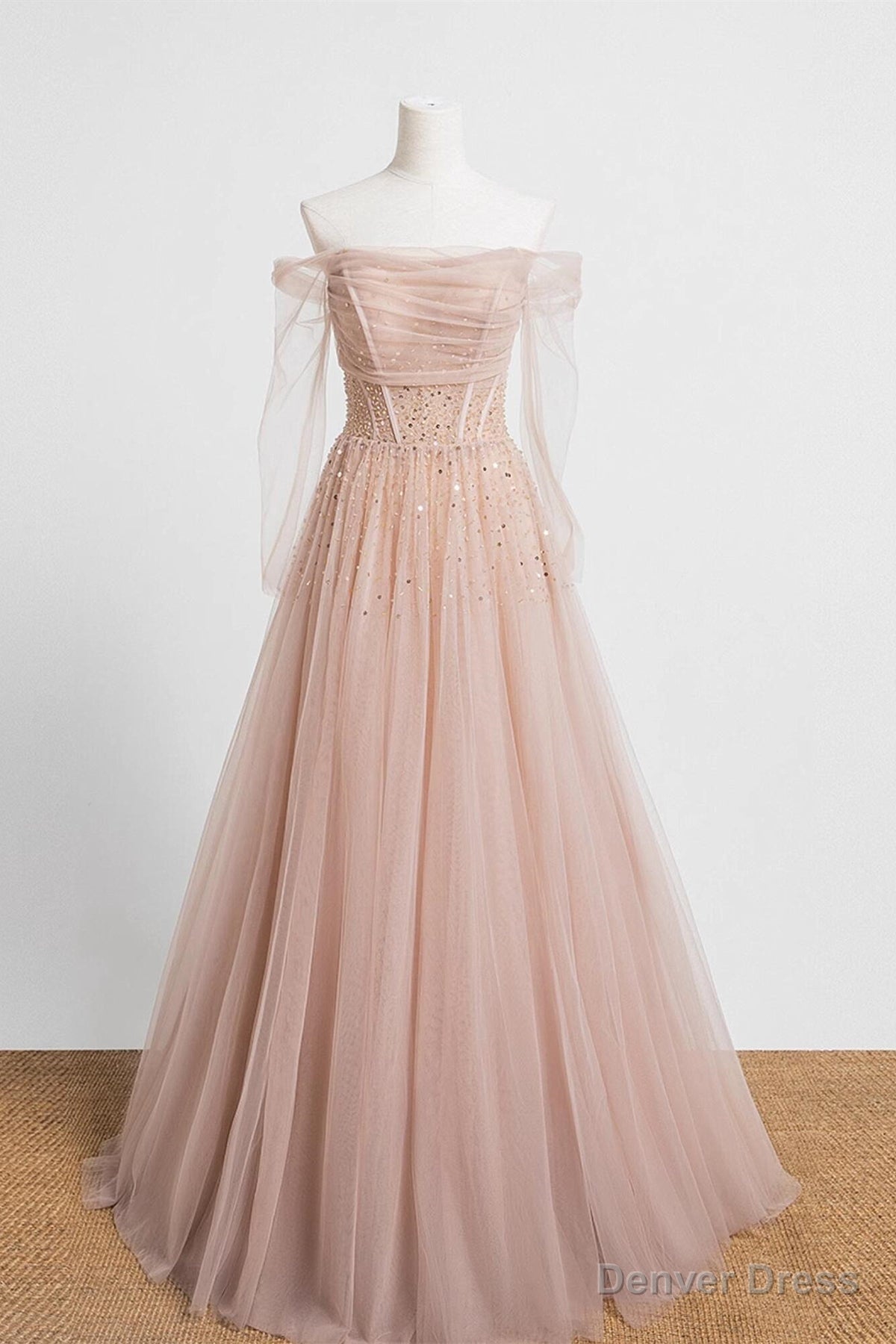 Off the Shoulder Champagne Tulle Long Prom Dress, Champagne Beaded Tulle Prom Dresses