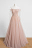 Off the Shoulder Champagne Tulle Long Prom Dress, Champagne Beaded Tulle Prom Dresses