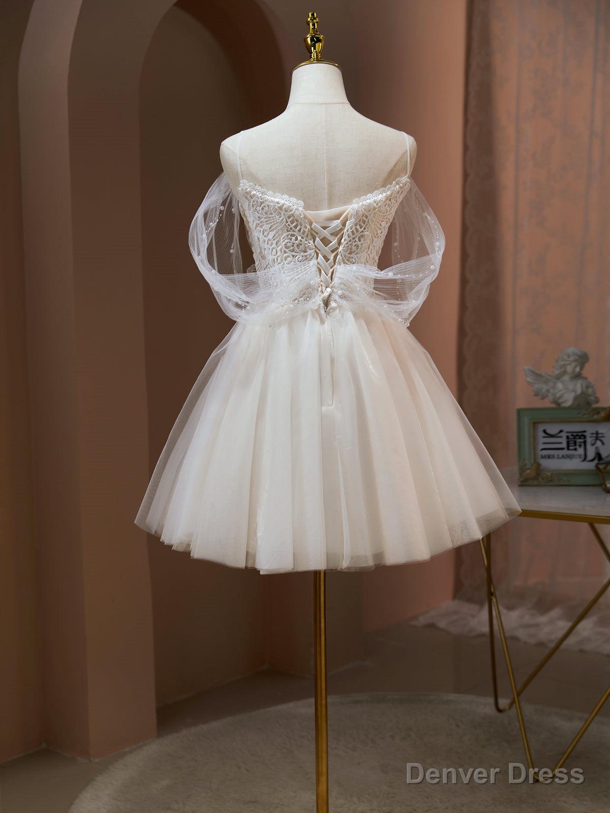 Off the Shoulder Champagne Tulle Prom Dress, Short Prom Homecoming Dresses