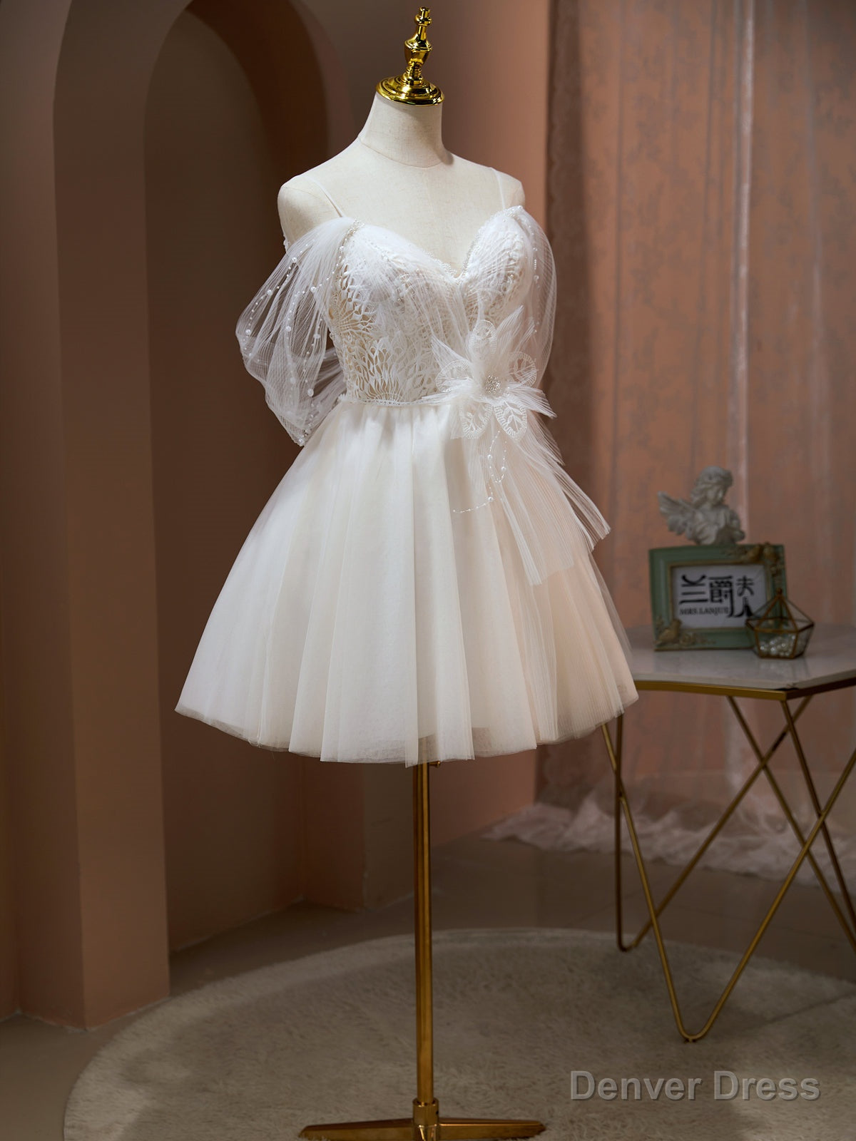 Off the Shoulder Champagne Tulle Prom Dress, Short Prom Homecoming Dresses