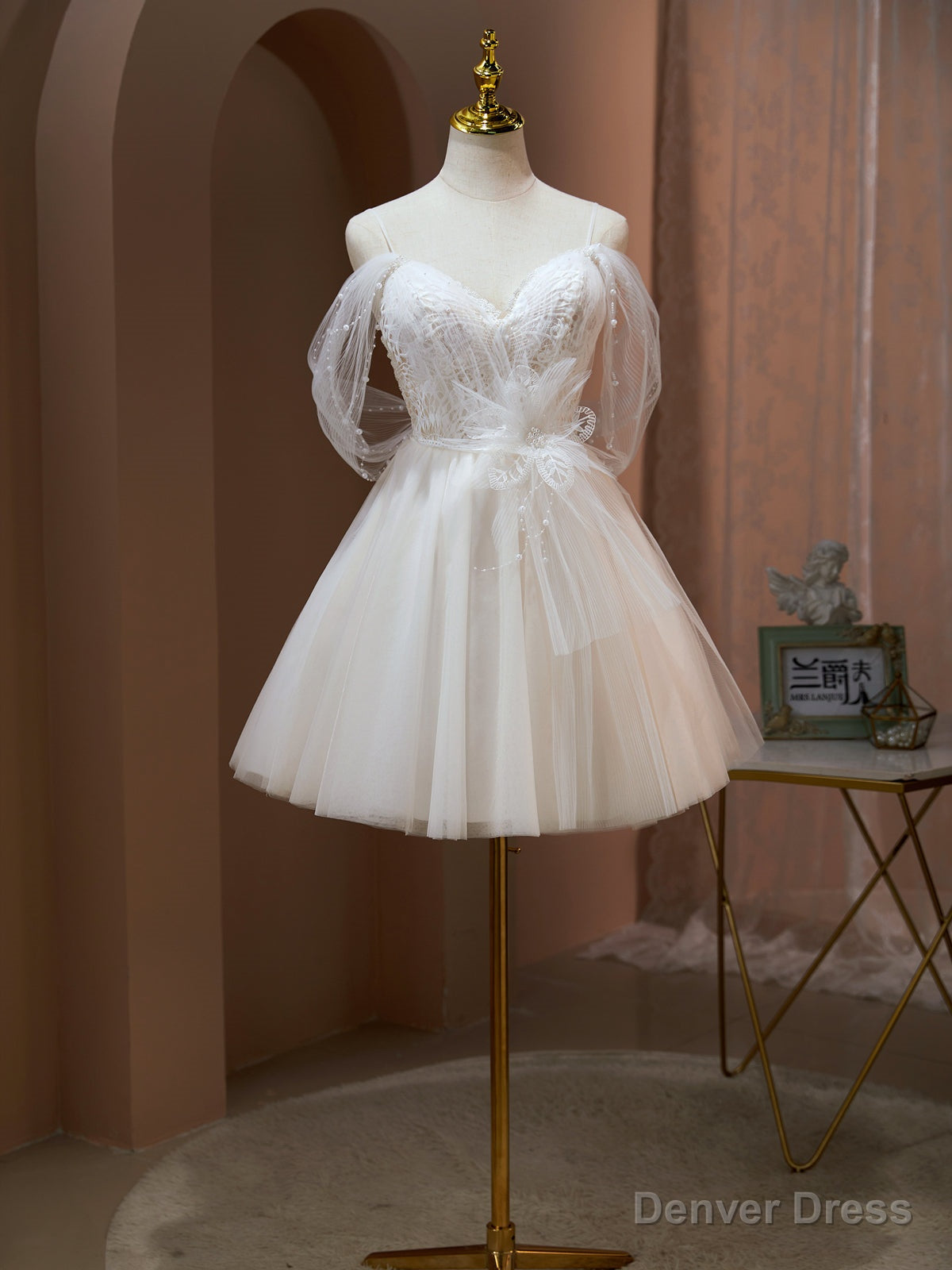 Off the Shoulder Champagne Tulle Prom Dress, Short Prom Homecoming Dresses