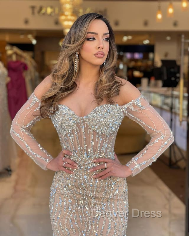 Off the shoulder Champange Long sleeves Sweetheart Sparkle Beaded Prom Dresses Secondary image