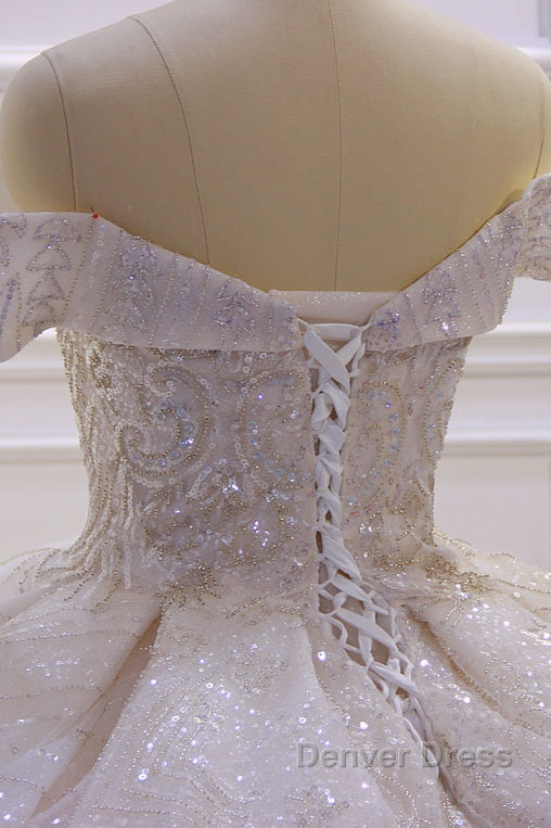 Off the shoulder Champange Puffy ball Gowns Sparkle Wedding Dresses