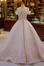 Off the shoulder Champange Puffy ball Gown Sparkle Wedding Dresses