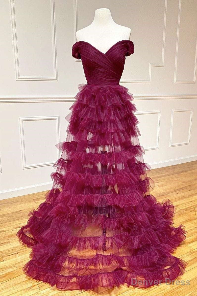 Off the Shoulder Dark Berry Pleated Sheer Tiered Prom Dress Main image
