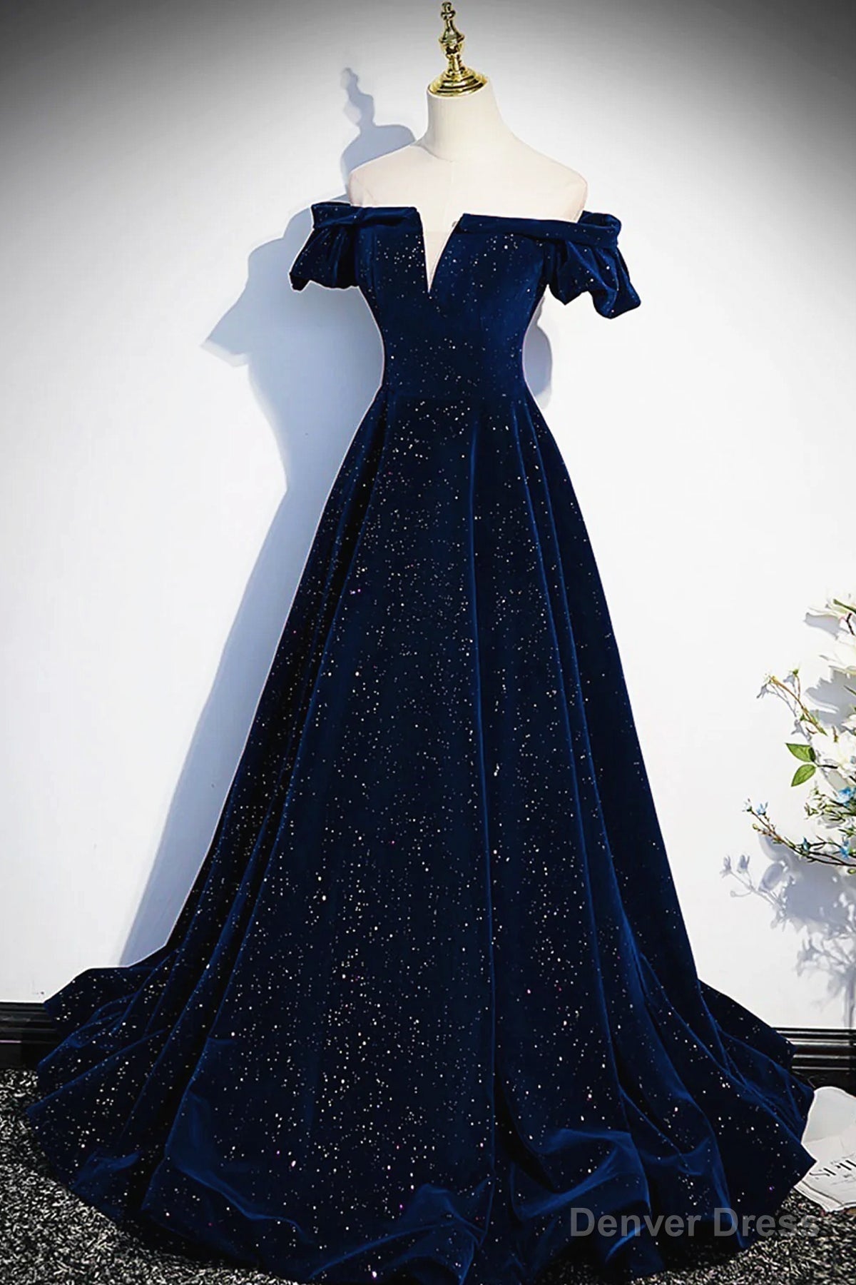 Off the Shoulder Dark Navy Blue Long Prom Dress, Dark Navy Blue Long Prom Dresses