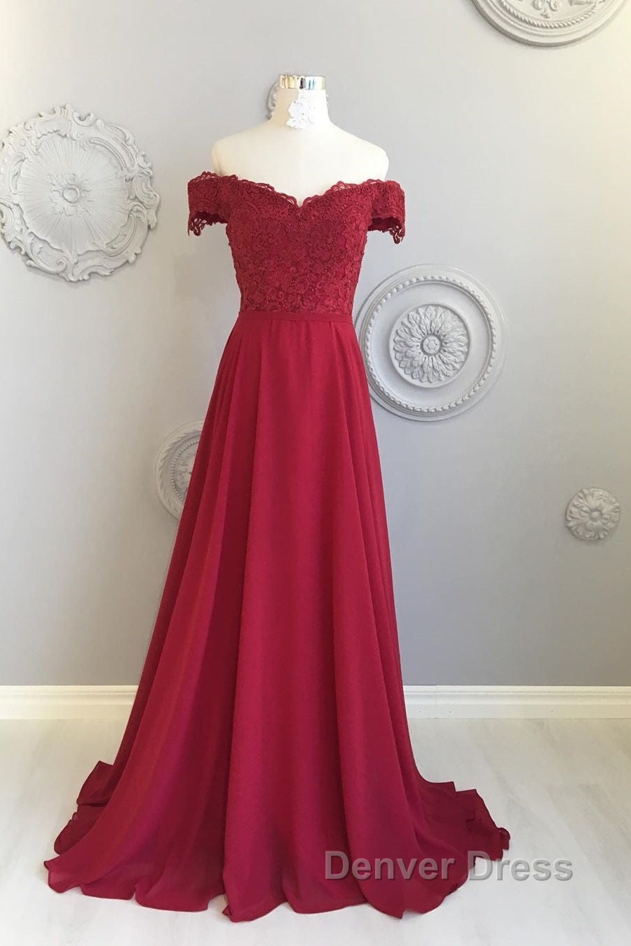 Off The Shoulder Floor Length Burgundy Lace Prom Dress, Burgundy Off Shoulder Lace Bridesmaid Dresses Secondary image