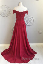 Off The Shoulder Floor Length Burgundy Lace Prom Dress, Burgundy Off Shoulder Lace Bridesmaid Dresses