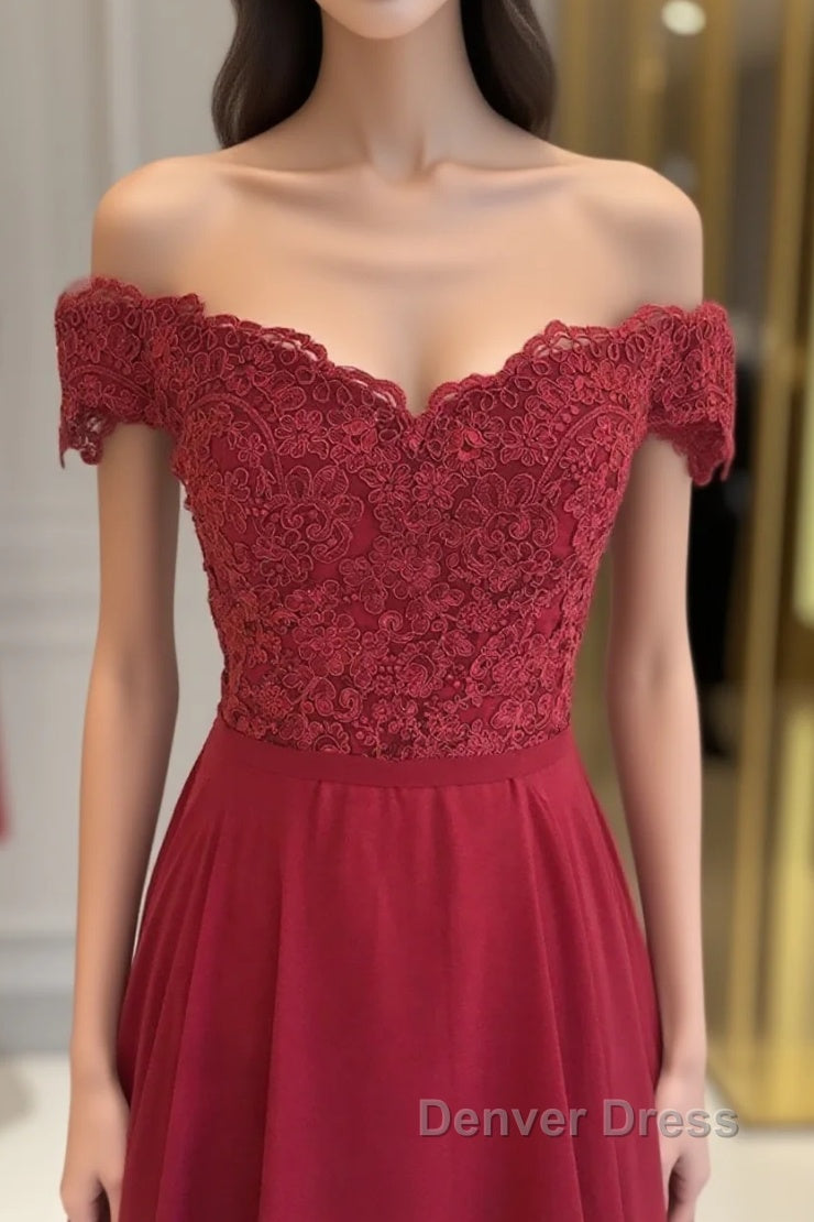 Off The Shoulder Floor Length Burgundy Lace Prom Dress, Burgundy Off Shoulder Lace Bridesmaid Dresses Main image