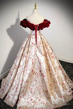 Off the Shoulder Floral Satin Long Prom Dress, Cute A Line Prom Dresses with Velvet