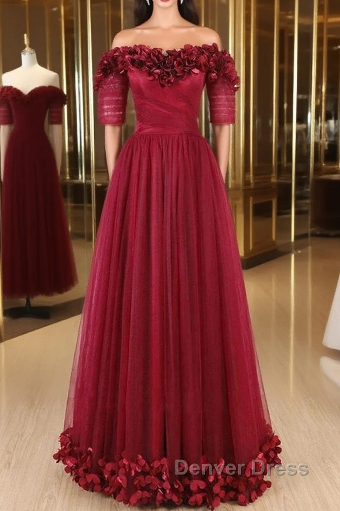 Off The Shoulder Flowers Burgundy Tulle Long Prom Dresses Main image