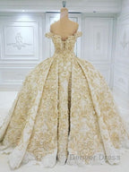 Off the shoulder Golden Lace Appliques Formal Ball Gown Wedding Dresses
