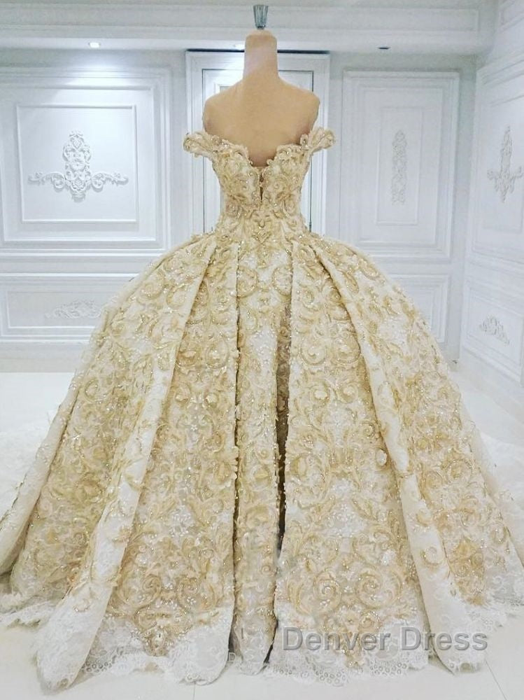 Off the shoulder Golden Lace Appliques Formal Ball Gown Wedding Dresses