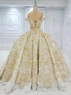 Off the shoulder Golden Lace Appliques Prom Ball Gowns Wedding Dresses
